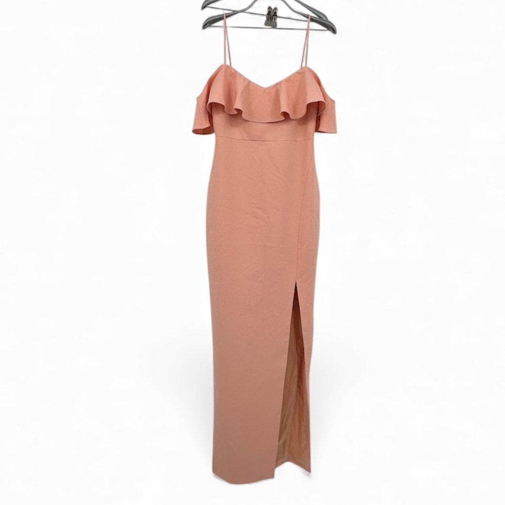 Likely Peach Shania Gown size 4 Ruffle Off the Shoulder Side Slit